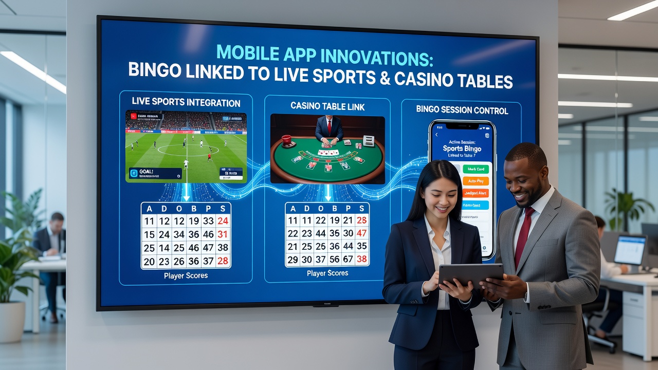 User playing bingo on mobile device with overlaid live casino table and sports event feeds