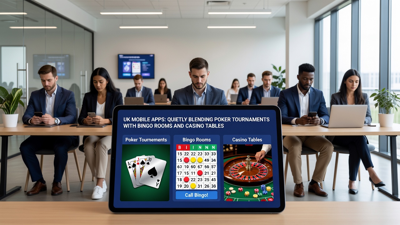 Mobile screen displaying simultaneous poker tournament progress, active bingo card, and open casino table lobby